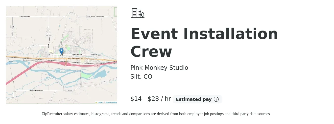 Pink Monkey Studio job posting for a Event Installation Crew in Silt, CO with a salary of $15 to $30 Hourly with a map of Silt location.