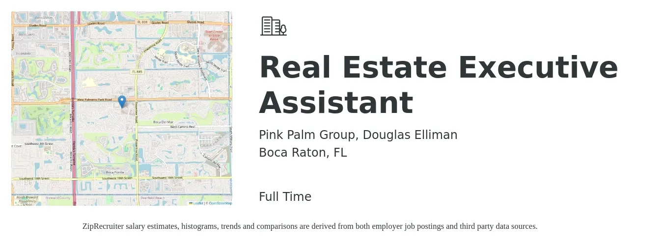 Pink Palm Group, Douglas Elliman job posting for a Real Estate Executive Assistant in Boca Raton, FL with a salary of $60,000 to $80,000 Yearly with a map of Boca Raton location.