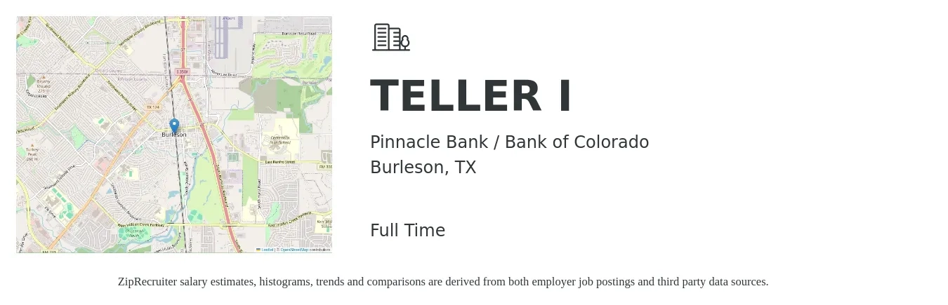 Pinnacle Bank / Bank of Colorado job posting for a TELLER I in Burleson, TX with a salary of $14 to $18 Hourly with a map of Burleson location.