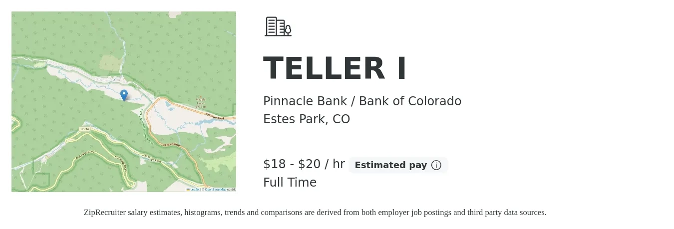 Pinnacle Bank / Bank of Colorado job posting for a TELLER I in Estes Park, CO with a salary of $19 to $21 Hourly with a map of Estes Park location.