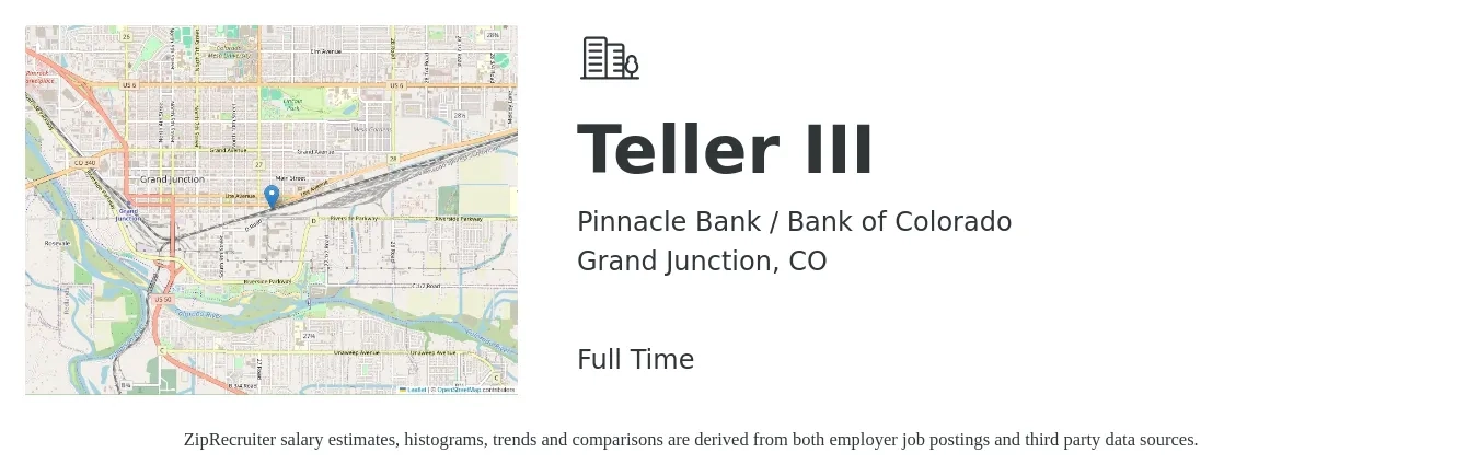 Pinnacle Bank / Bank of Colorado job posting for a Teller III in Grand Junction, CO with a salary of $16 to $20 Hourly with a map of Grand Junction location.
