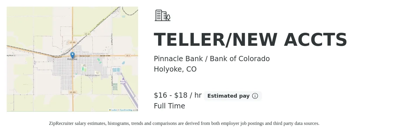 Pinnacle Bank / Bank of Colorado job posting for a TELLER/NEW ACCTS in Holyoke, CO with a salary of $17 to $19 Hourly with a map of Holyoke location.