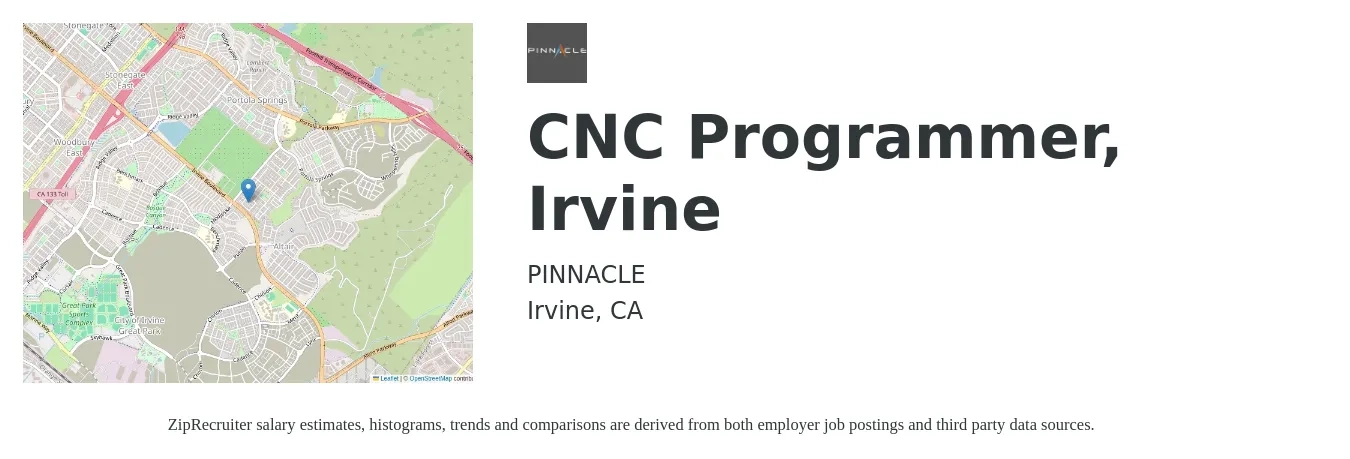 PINNACLE job posting for a CNC Programmer, Irvine in Irvine, CA with a salary of $24 to $38 Hourly with a map of Irvine location.
