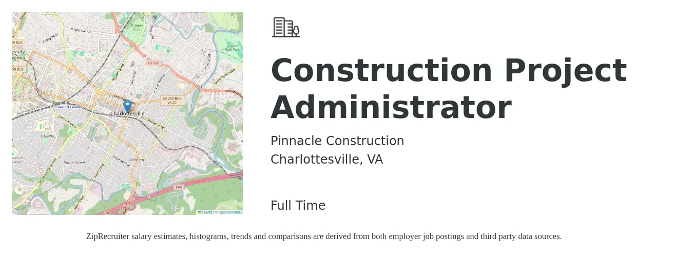 Pinnacle Construction job posting for a Construction Project Administrator in Charlottesville, VA with a salary of $25 to $34 Hourly with a map of Charlottesville location.