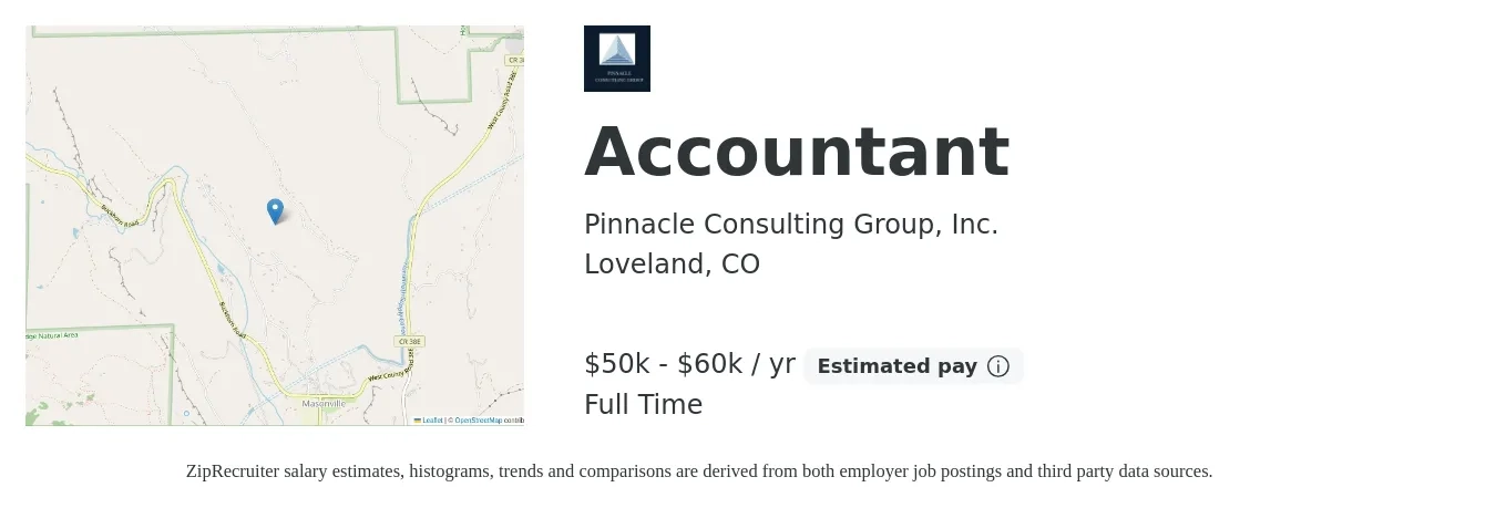 Pinnacle Consulting Group, Inc. job posting for a Accountant in Loveland, CO with a salary of $50,000 to $60,000 Yearly with a map of Loveland location.