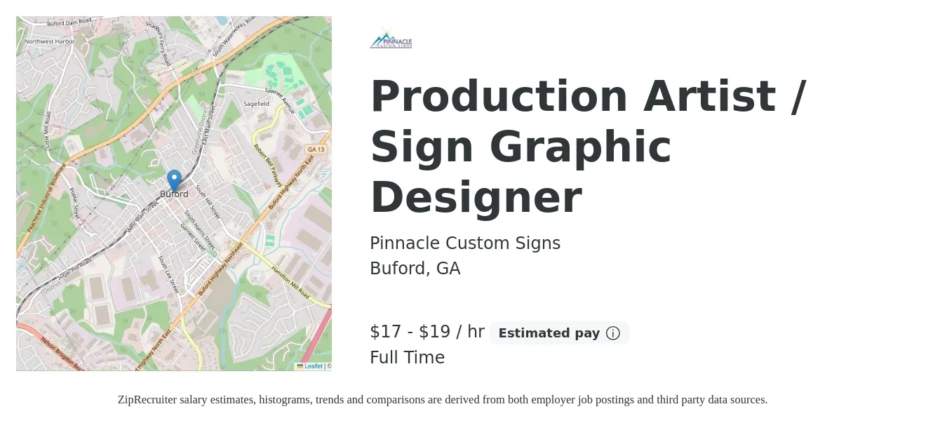 Pinnacle Custom Signs job posting for a Production Artist / Sign Graphic Designer in Buford, GA with a salary of $18 to $20 Hourly with a map of Buford location.