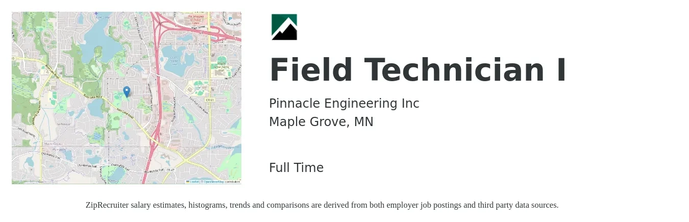 Pinnacle Engineering Inc job posting for a Field Technician I in Maple Grove, MN with a salary of $22 to $31 Hourly with a map of Maple Grove location.