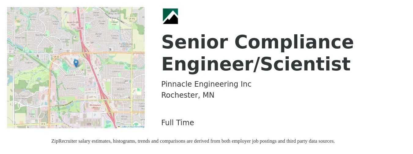 Pinnacle Engineering Inc job posting for a Senior Compliance Engineer/Scientist in Rochester, MN with a salary of $34,400 to $91,700 Yearly with a map of Rochester location.