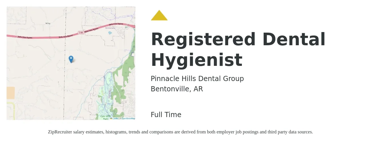 Pinnacle Hills Dental Group job posting for a Registered Dental Hygienist in Bentonville, AR with a salary of $34 to $43 Hourly with a map of Bentonville location.
