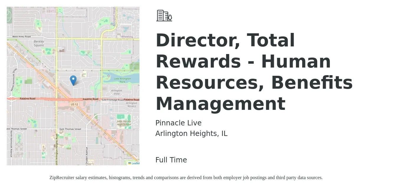 Pinnacle Live job posting for a Director, Total Rewards - Human Resources, Benefits Management in Arlington Heights, IL with a salary of $89,700 to $138,300 Yearly with a map of Arlington Heights location.