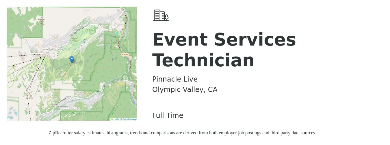 Pinnacle Live job posting for a Event Services Technician in Olympic Valley, CA with a salary of $18 to $25 Hourly with a map of Olympic Valley location.