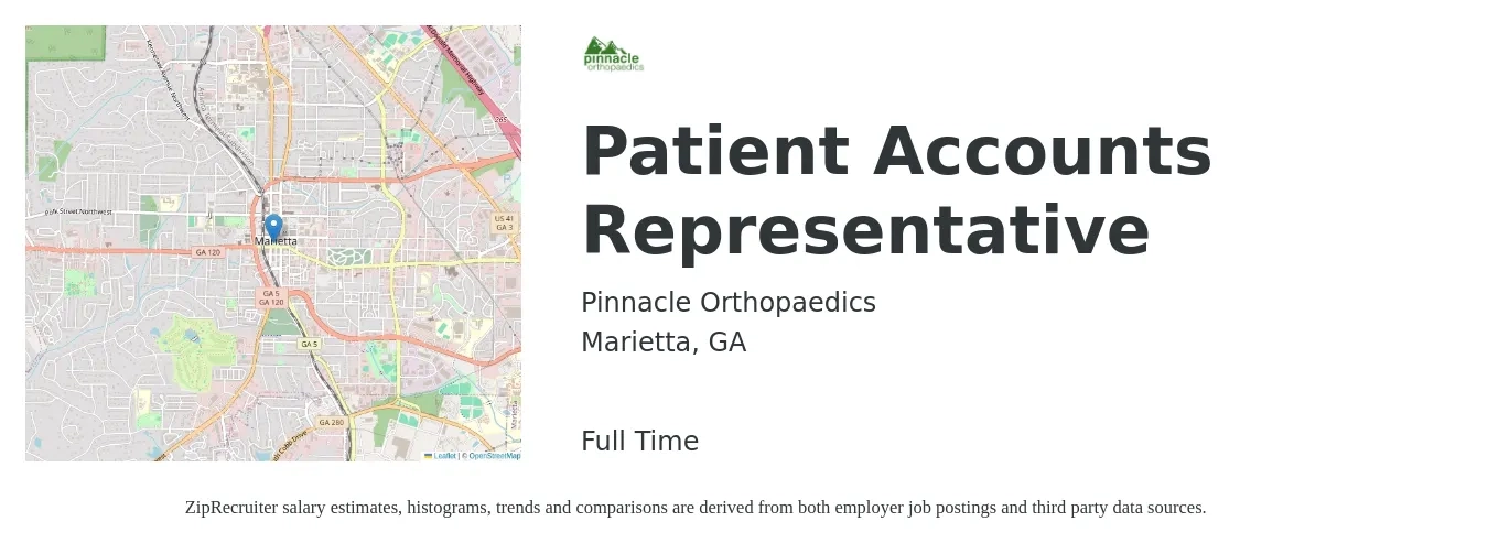 Pinnacle Orthopaedics job posting for a Patient Accounts Representative in Marietta, GA with a salary of $17 to $22 Hourly with a map of Marietta location.