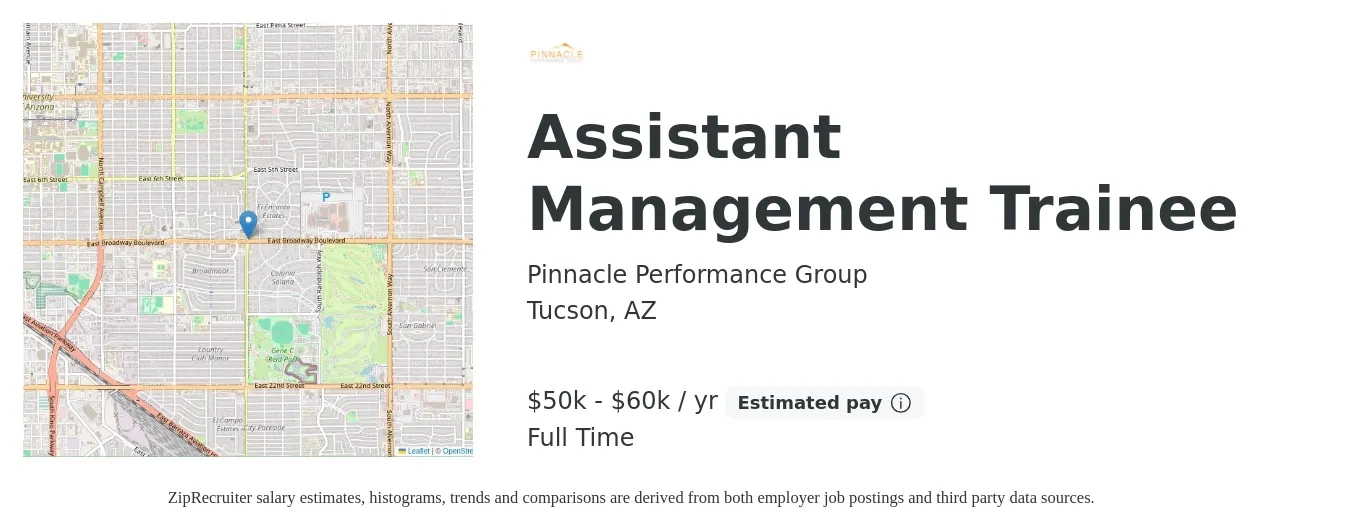 Pinnacle Performance Group job posting for a Assistant Management Trainee in Tucson, AZ with a salary of $50,000 to $60,000 Yearly with a map of Tucson location.
