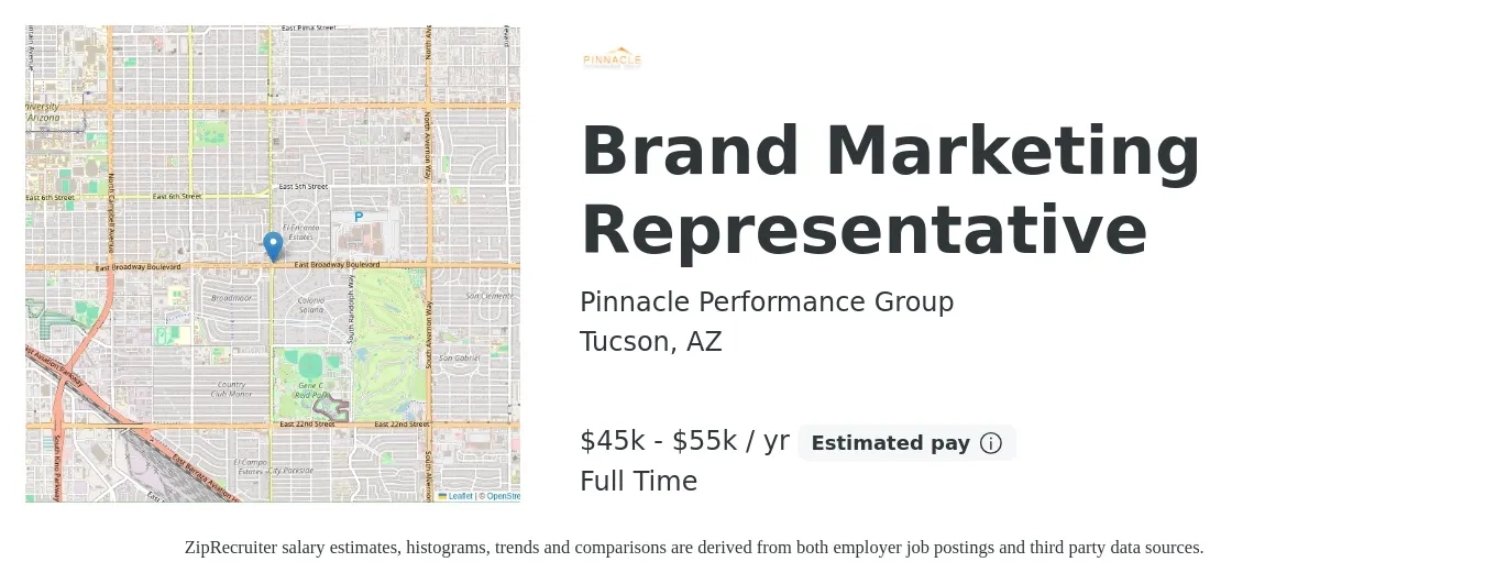 Pinnacle Performance Group job posting for a Brand Marketing Representative in Tucson, AZ with a salary of $45,000 to $55,000 Yearly with a map of Tucson location.