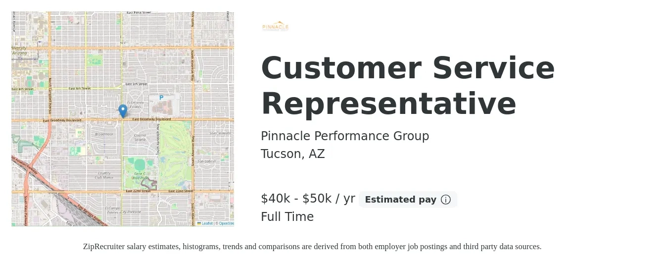 Pinnacle Performance Group job posting for a Customer Service Representative in Tucson, AZ with a salary of $40,000 to $50,000 Yearly with a map of Tucson location.