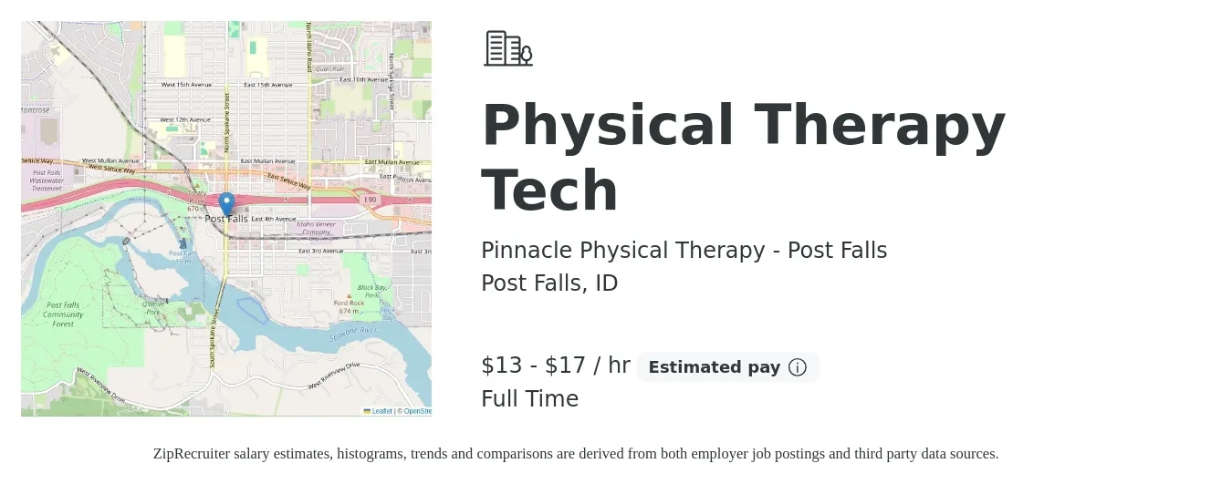 Pinnacle Physical Therapy - Post Falls job posting for a Physical Therapy Tech in Post Falls, ID with a salary of $14 to $18 Hourly with a map of Post Falls location.