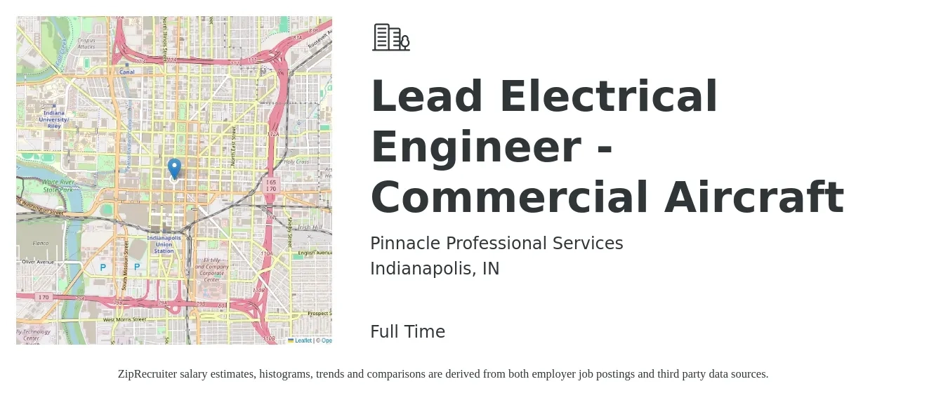 Pinnacle Professional Services job posting for a Lead Electrical Engineer - Commercial Aircraft in Indianapolis, IN with a salary of $152,900 to $159,600 Yearly with a map of Indianapolis location.