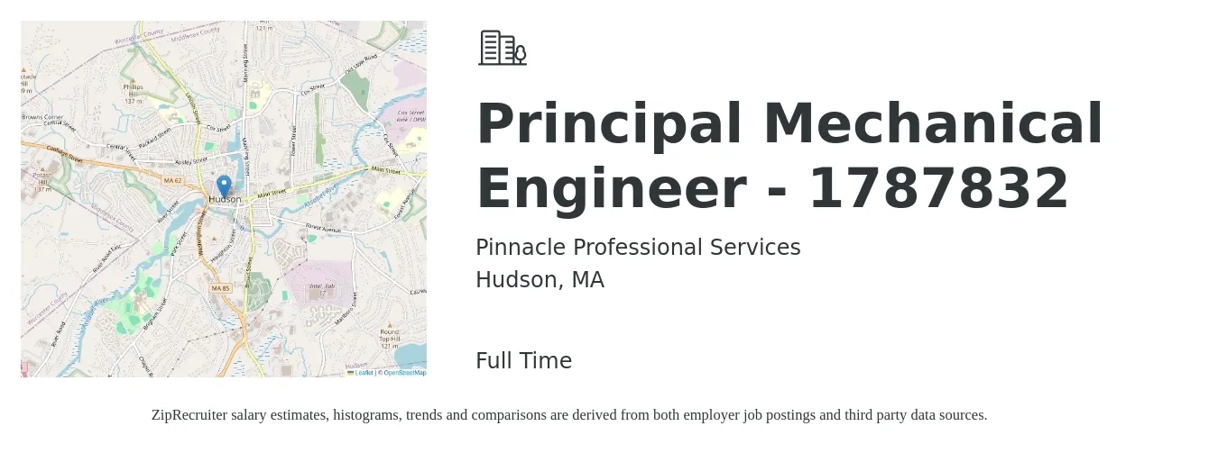 Pinnacle Professional Services job posting for a Principal Mechanical Engineer - 1787832 in Hudson, MA with a salary of $143,100 to $164,100 Yearly with a map of Hudson location.