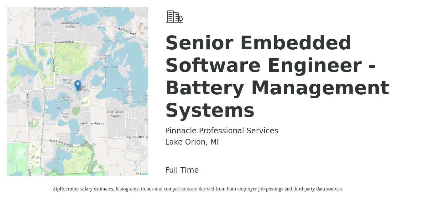 Pinnacle Professional Services job posting for a Senior Embedded Software Engineer - Battery Management Systems in Lake Orion, MI with a salary of $114,300 to $149,800 Yearly with a map of Lake Orion location.