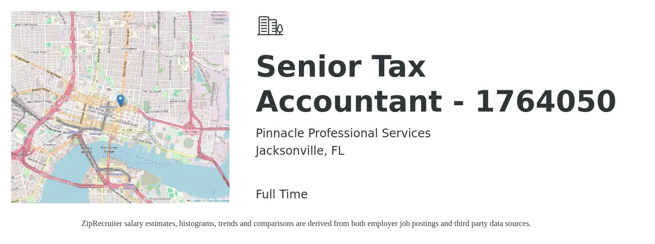 Pinnacle Professional Services job posting for a Senior Tax Accountant - 1764050 in Jacksonville, FL with a salary of $76,000 to $97,300 Yearly with a map of Jacksonville location.