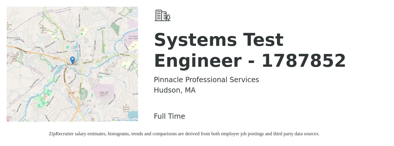 Pinnacle Professional Services job posting for a Systems Test Engineer - 1787852 in Hudson, MA with a salary of $51 to $74 Hourly with a map of Hudson location.