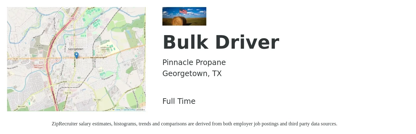 Pinnacle Propane job posting for a Bulk Driver in Georgetown, TX with a salary of $20 to $23 Hourly with a map of Georgetown location.