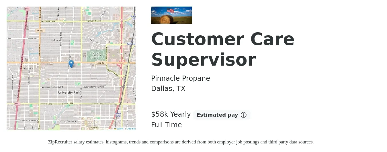 Pinnacle Propane job posting for a Customer Care Supervisor in Dallas, TX with a salary of $58,000 Yearly with a map of Dallas location.