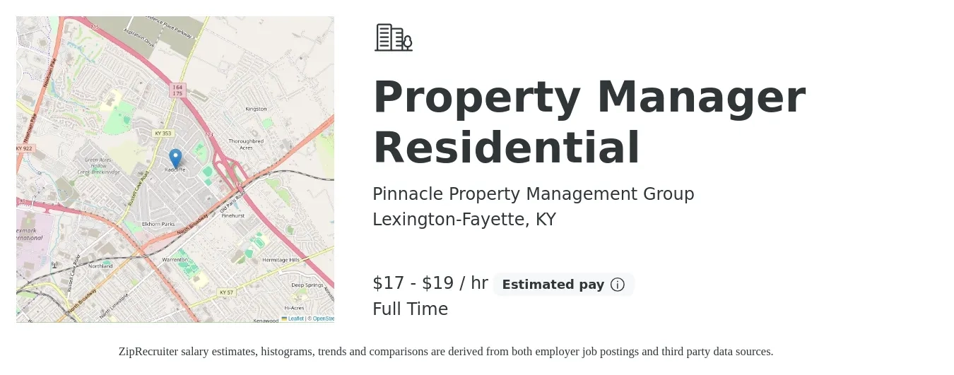 Pinnacle Property Management Group job posting for a Property Manager Residential in Lexington-Fayette, KY with a salary of $18 to $20 Hourly (plus commission) with a map of Lexington-Fayette location.