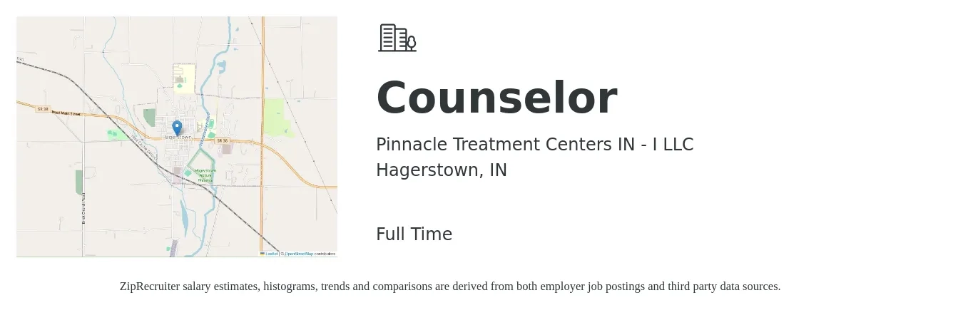 Pinnacle Treatment Centers IN - I LLC job posting for a Counselor in Hagerstown, IN with a salary of $20 to $28 Hourly with a map of Hagerstown location.