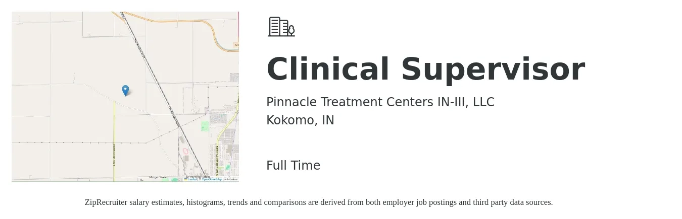 Pinnacle Treatment Centers IN-III, LLC job posting for a Clinical Supervisor in Kokomo, IN with a salary of $55,800 to $77,200 Yearly with a map of Kokomo location.