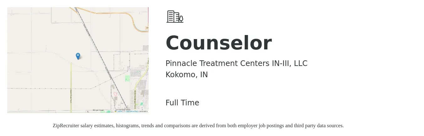 Pinnacle Treatment Centers IN-III, LLC job posting for a Counselor in Kokomo, IN with a salary of $20 to $26 Hourly with a map of Kokomo location.