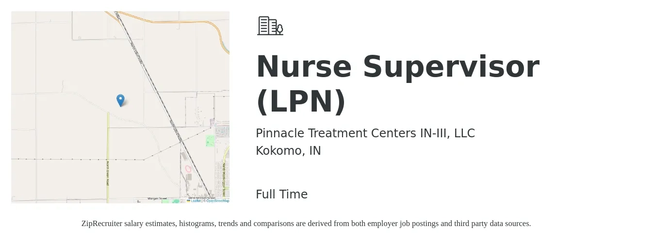 Pinnacle Treatment Centers IN-III, LLC job posting for a Nurse Supervisor (LPN) in Kokomo, IN with a salary of $22 to $30 Hourly with a map of Kokomo location.
