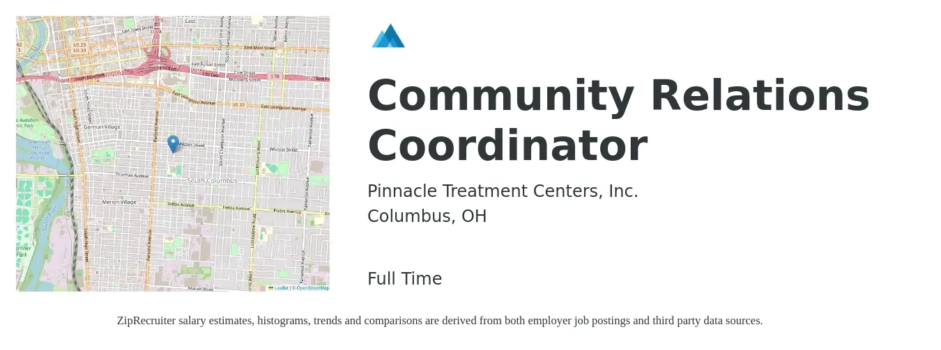 Pinnacle Treatment Centers, Inc. job posting for a Community Relations Coordinator in Columbus, OH with a salary of $22 to $32 Hourly with a map of Columbus location.