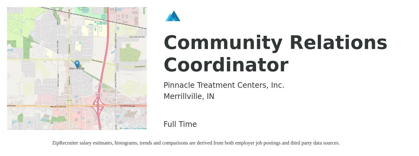 Pinnacle Treatment Centers, Inc. job posting for a Community Relations Coordinator in Merrillville, IN with a salary of $22 to $32 Hourly with a map of Merrillville location.