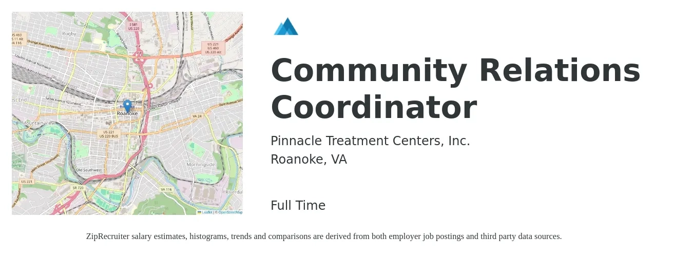 Pinnacle Treatment Centers, Inc. job posting for a Community Relations Coordinator in Roanoke, VA with a salary of $20 to $29 Hourly with a map of Roanoke location.