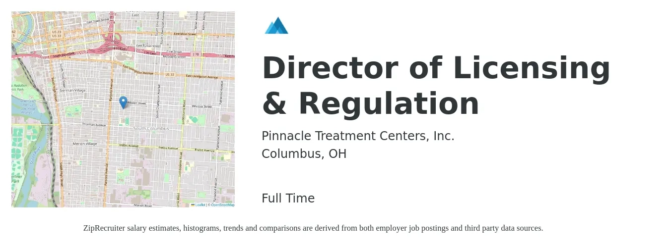 Pinnacle Treatment Centers, Inc. job posting for a Director of Licensing & Regulation in Columbus, OH with a salary of $39,300 to $51,300 Yearly with a map of Columbus location.