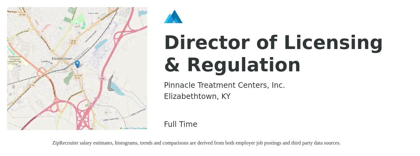 Pinnacle Treatment Centers, Inc. job posting for a Director of Licensing & Regulation in Elizabethtown, KY with a salary of $37,600 to $49,100 Yearly with a map of Elizabethtown location.