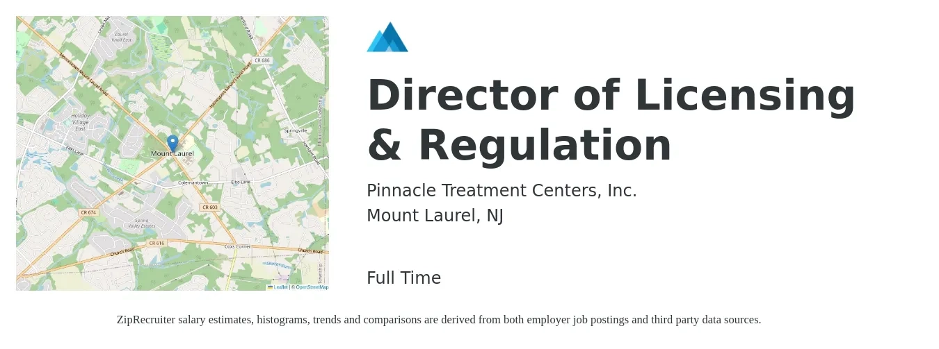 Pinnacle Treatment Centers, Inc. job posting for a Director of Licensing & Regulation in Mount Laurel, NJ with a salary of $92,600 to $139,600 Yearly with a map of Mount Laurel location.
