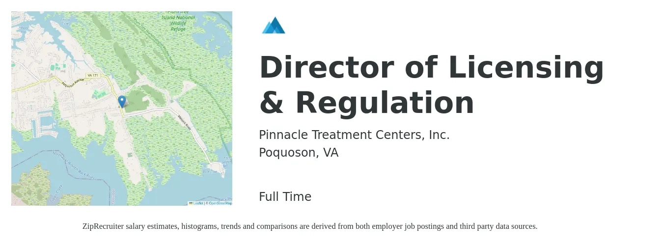 Pinnacle Treatment Centers, Inc. job posting for a Director of Licensing & Regulation in Poquoson, VA with a salary of $34,400 to $44,900 Yearly with a map of Poquoson location.