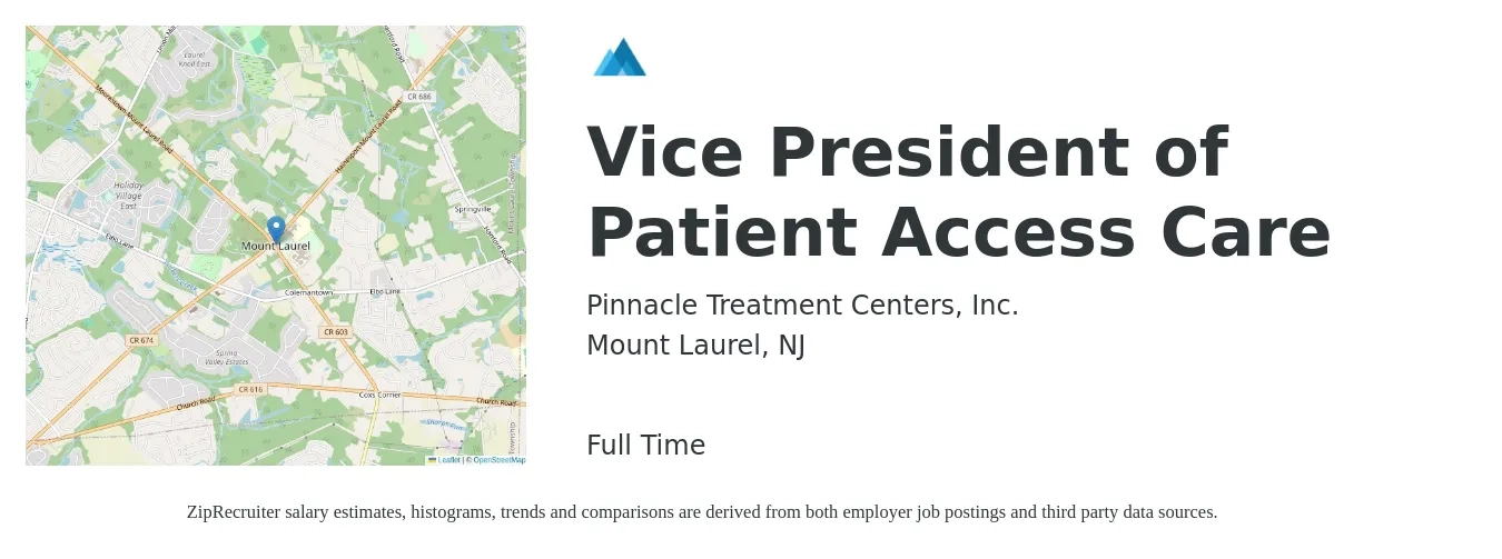 Pinnacle Treatment Centers, Inc. job posting for a Vice President of Patient Access Care in Mount Laurel, NJ with a salary of $99,500 to $128,700 Yearly with a map of Mount Laurel location.