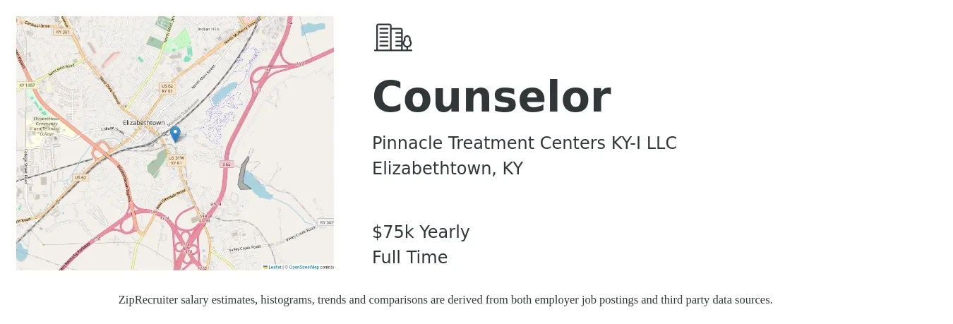 Pinnacle Treatment Centers KY-I LLC job posting for a Counselor in Elizabethtown, KY with a salary of $75,000 Yearly with a map of Elizabethtown location.