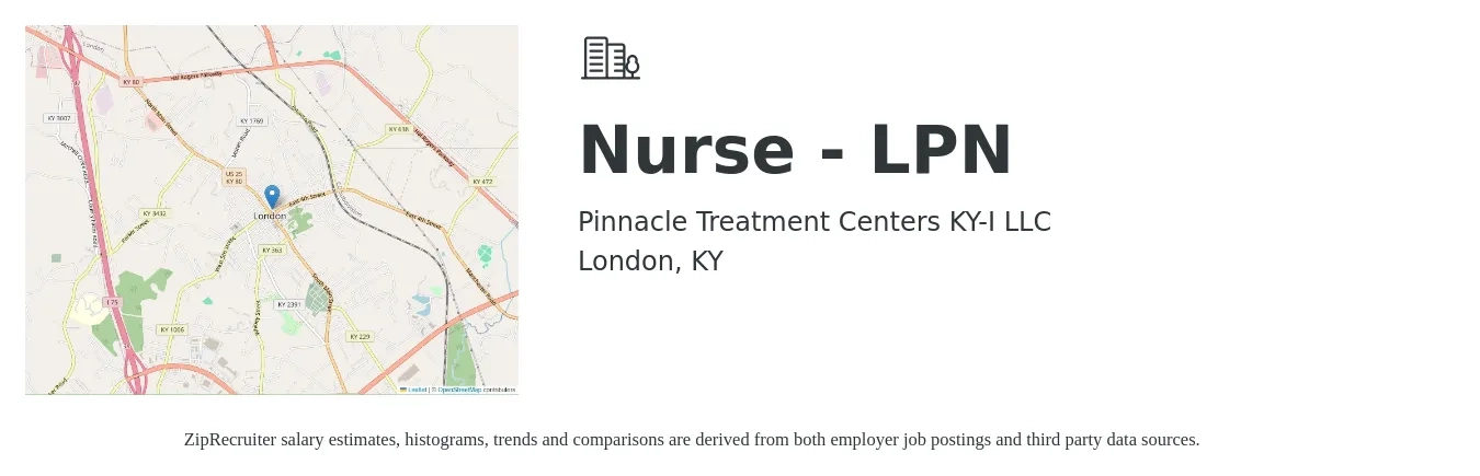 Pinnacle Treatment Centers KY-I LLC job posting for a Nurse - LPN in London, KY with a salary of $22 to $30 Hourly with a map of London location.