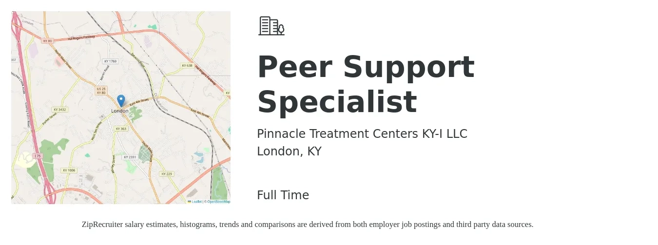 Pinnacle Treatment Centers KY-I LLC job posting for a Peer Support Specialist in London, KY with a salary of $15 to $19 Hourly with a map of London location.