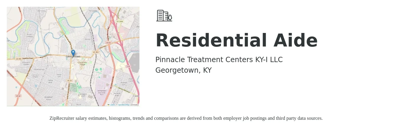 Pinnacle Treatment Centers KY-I LLC job posting for a Residential Aide in Georgetown, KY with a salary of $14 to $18 Hourly with a map of Georgetown location.