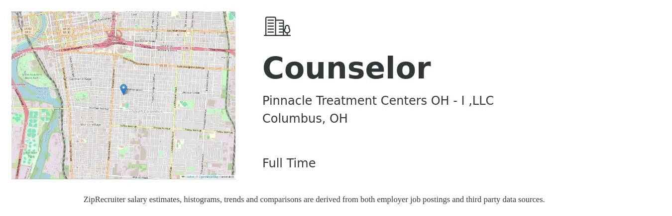 Pinnacle Treatment Centers OH - I ,LLC job posting for a Counselor in Columbus, OH with a salary of $21 to $29 Hourly with a map of Columbus location.