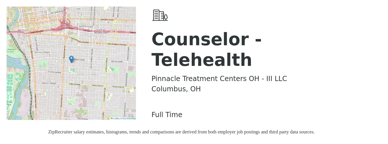 Pinnacle Treatment Centers OH - III LLC job posting for a Counselor - Telehealth in Columbus, OH with a salary of $20 to $29 Hourly with a map of Columbus location.