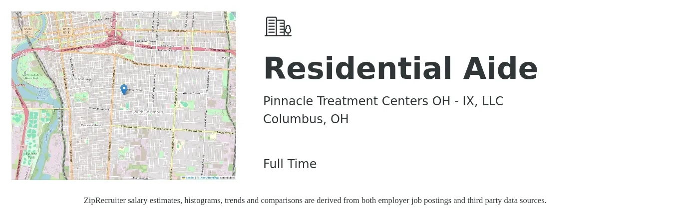 Pinnacle Treatment Centers OH - IX, LLC job posting for a Residential Aide in Columbus, OH with a salary of $15 to $18 Hourly with a map of Columbus location.
