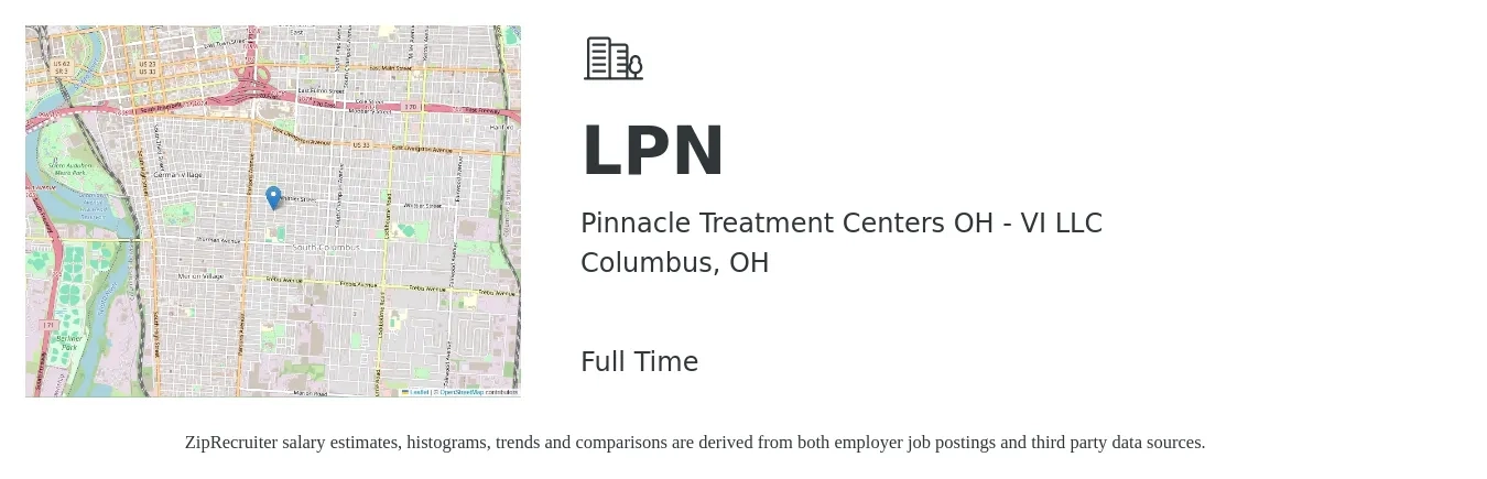 Pinnacle Treatment Centers OH - VI LLC job posting for a LPN in Columbus, OH with a salary of $25 to $34 Hourly with a map of Columbus location.