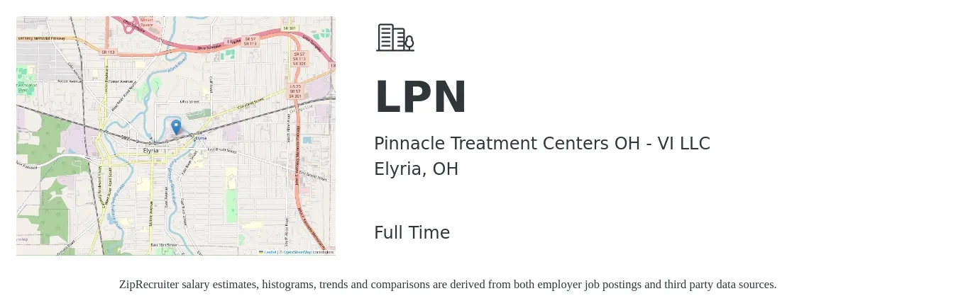 Pinnacle Treatment Centers OH - VI LLC job posting for a LPN in Elyria, OH with a salary of $24 to $32 Hourly with a map of Elyria location.