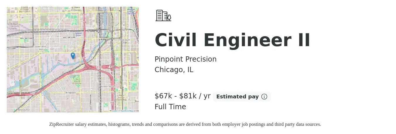 Pinpoint Precision job posting for a Civil Engineer II in Chicago, IL with a salary of $67,871 to $81,795 Yearly with a map of Chicago location.